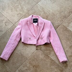 ZARA Pink Houndstooth Cropped Blazer pink